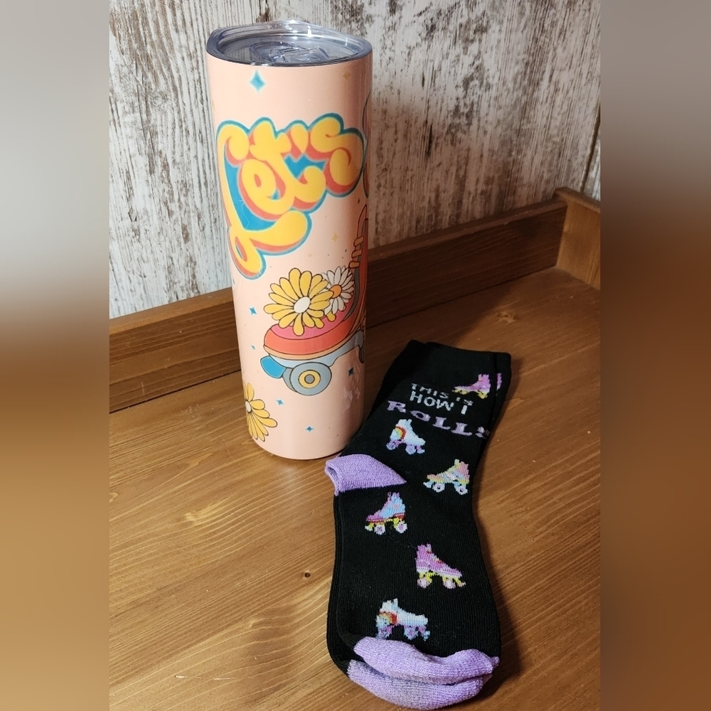 Set of 2 Roller Derby Skating Drink Cups Tumblers Pair of Skate Socks Let's Roll